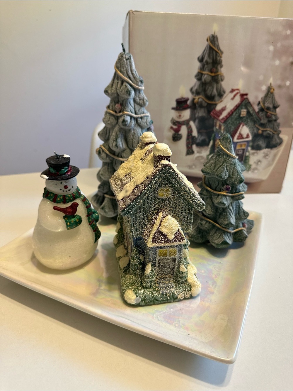 Holiday Snowy Cottage and Tree Candle Decor - Green, White, Gray